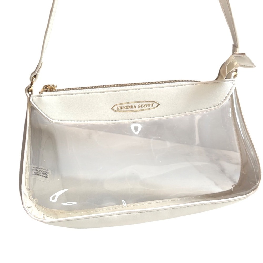 Kendra Scott Clear Stadium Bag White Faux Leather Trim Shoulder Bag Gold Logo
